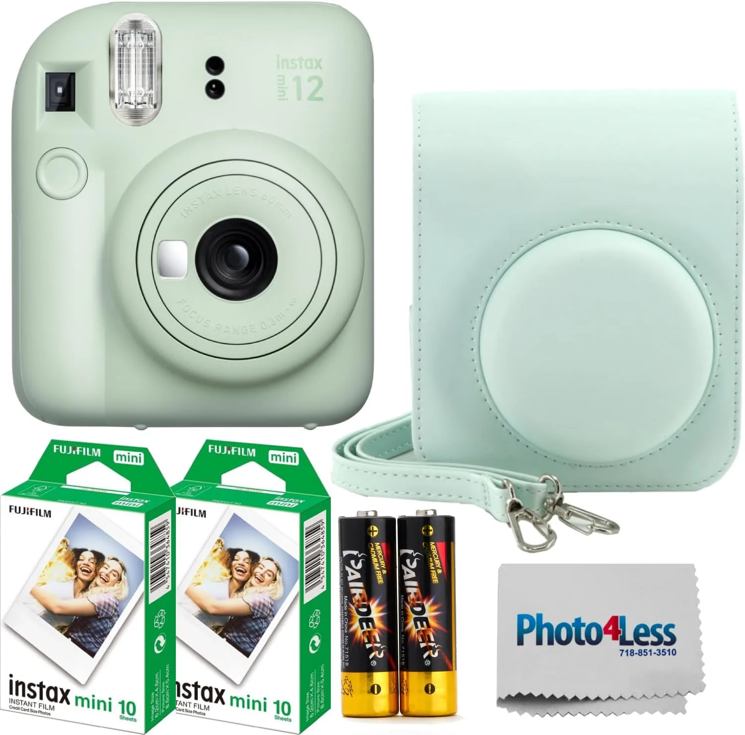 Fujifilm Instax Mini 12 Instant Film Camera (Mint Green), Fujifilm Instax Mini Twin Pack Instant Film 20 Prints, Case - Accessory Bundle