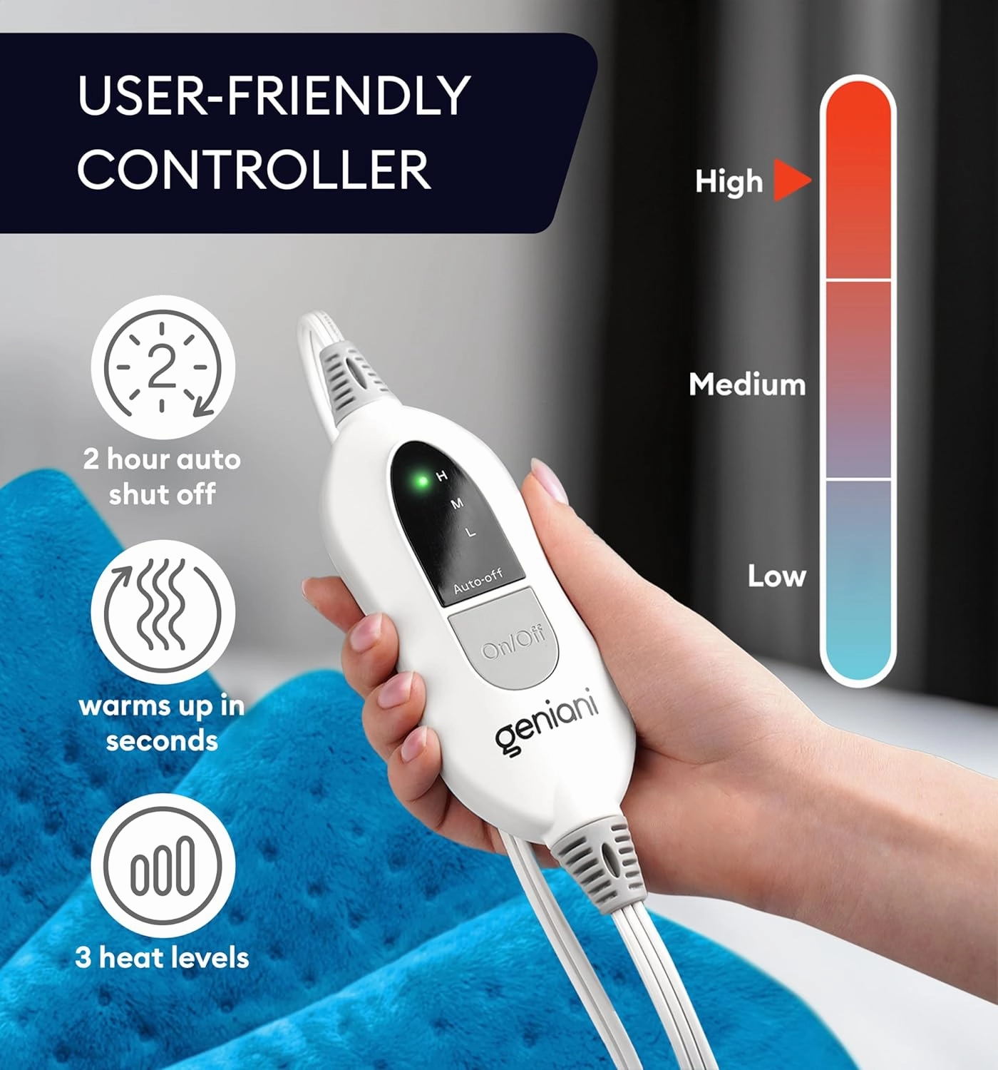 GENIANI Extra Large Electric Heating Pad for Back Pain and Cramps Relief - Auto Shut Off - Soft Heat Pad for Moist & Dry Therapy - Heat Patch (Aqua Blue)