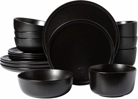 Gibson Elite James Street Stoneware Matte Reactive Double Bowl Dinnerware Set - Pepper Black, Service for 4 (16pcs)