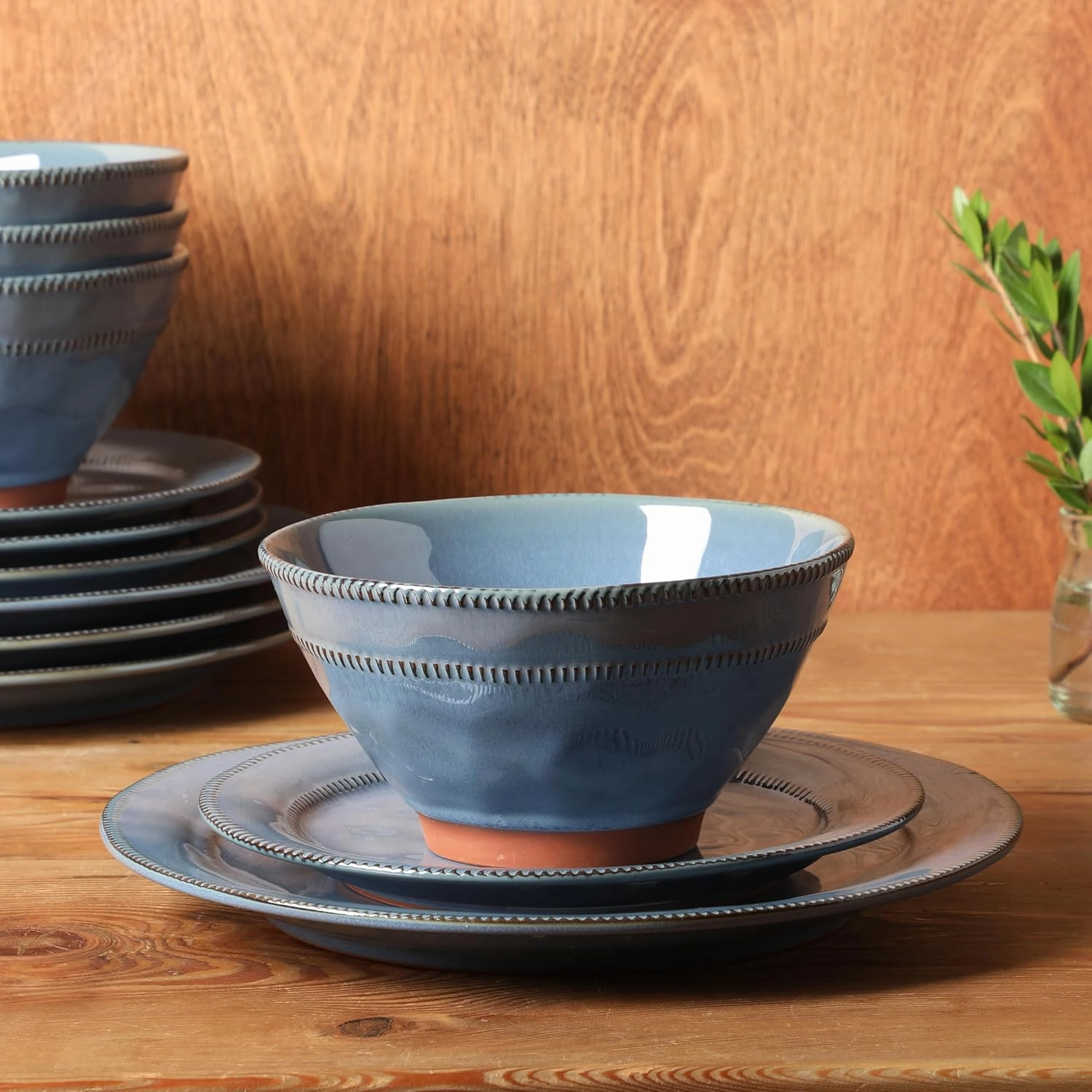 Gibson Elite Terranea 12 Piece Dishes Reactive Glaze Plates and Bowls Terracotta Dinnerware Set - Service for 4 - Blue