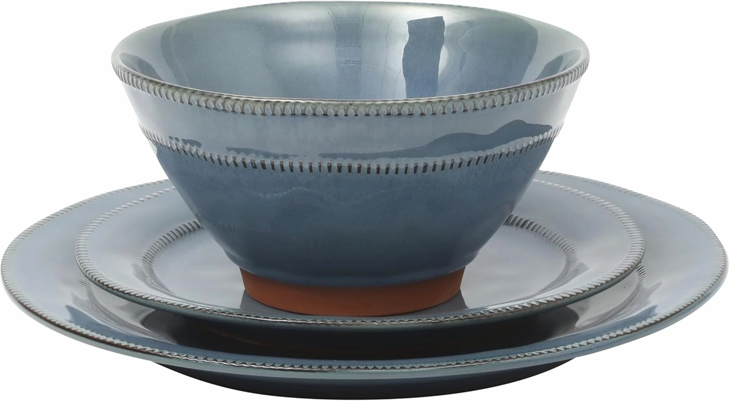 Gibson Elite Terranea 12 Piece Dishes Reactive Glaze Plates and Bowls Terracotta Dinnerware Set - Service for 4 - Blue
