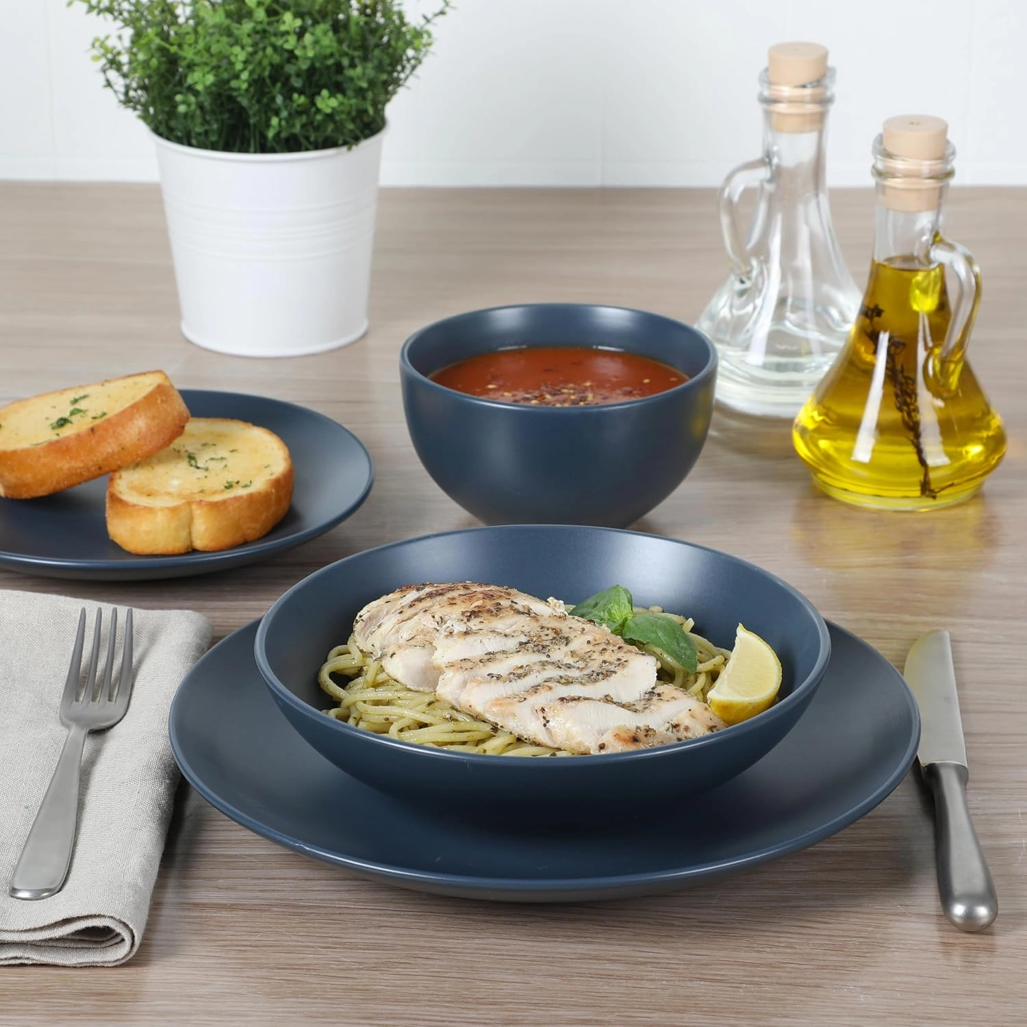 Gibson Home Queenslane 16 Piece Double Bowl Plates and Bowls Dinnerware Sets - Matte Blue