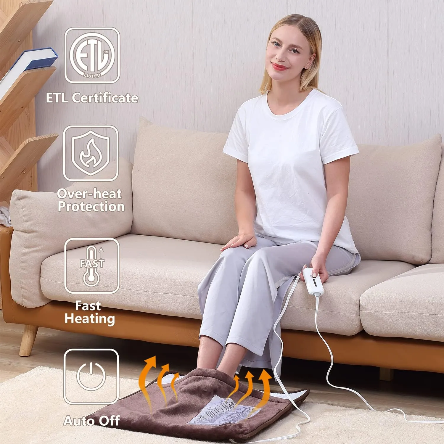 Gintao Electric Heated Foot Warmers for Men and Women,Foot Heating Pad Electric with Fast Heating Technology,Heating Pad Feet Warmer Auto Shut Off with 3 Temperature Setting,22×20 inches,Brown