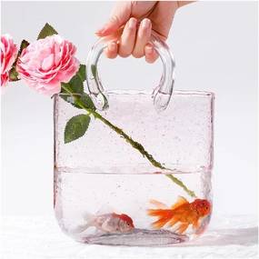 Glass Purse Vase for Flowers, Multifunctional Hand Glass Vase Purse Vase with Fish Bowl Handbag Vase, Decor Glass Vase for Photo/Birthday/Home Décor,Style1-Pink