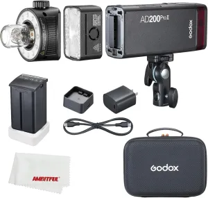 Godox AD200 Pro II Godox AD200pro II GodoxAD200ProII Flash Strobe,200Ws 1/512~1/1,1/8000 HSS, 0.01-1.8s Recycle Time, 2980mAh Battery,2.4G Wireiess X System,Bare Bulb/Speedlite Fresnel Flash Head