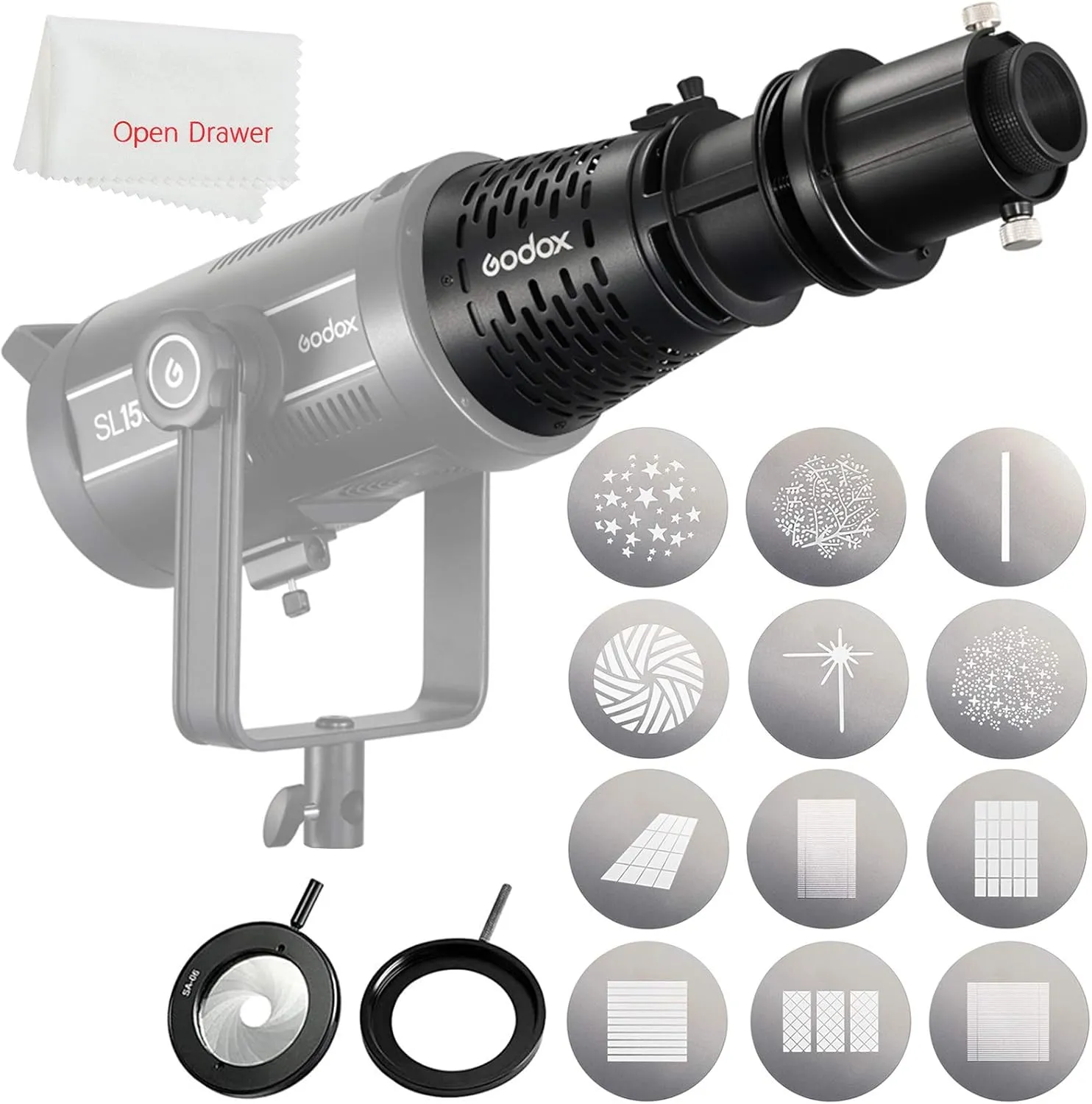 Godox SA-17 Kit for SA-P Projector to Bowens Mount SL60W SL60II SL150R VL150 LED Continuous Light with SA-P Projection Attachment   SA-06 Iris   SA-09-003/004   Godox SA-10
