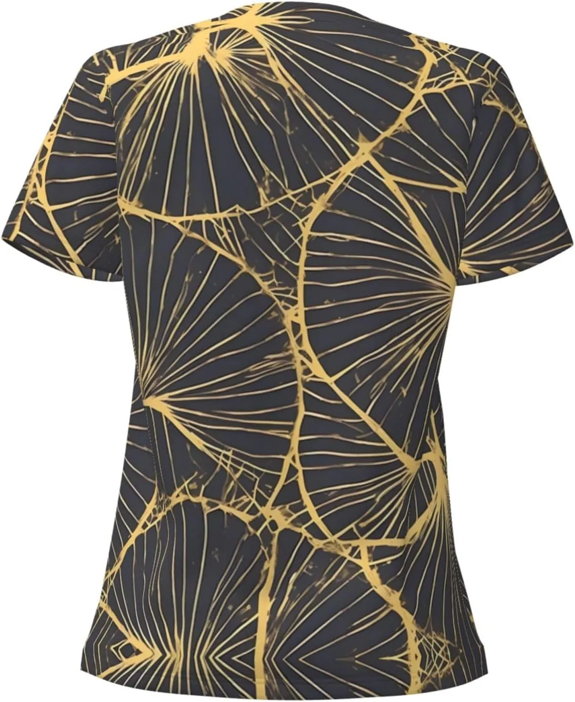 Golden Leaf Pattern Sexy V-Neck Printed Short T-Shirt, Travel Portable Fitness Clothes, Home and Outdoor wear
