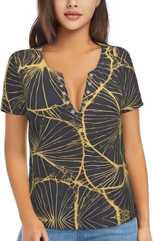 Golden Leaf Pattern Sexy V-Neck Printed Short T-Shirt, Travel Portable Fitness Clothes, Home and Outdoor wear