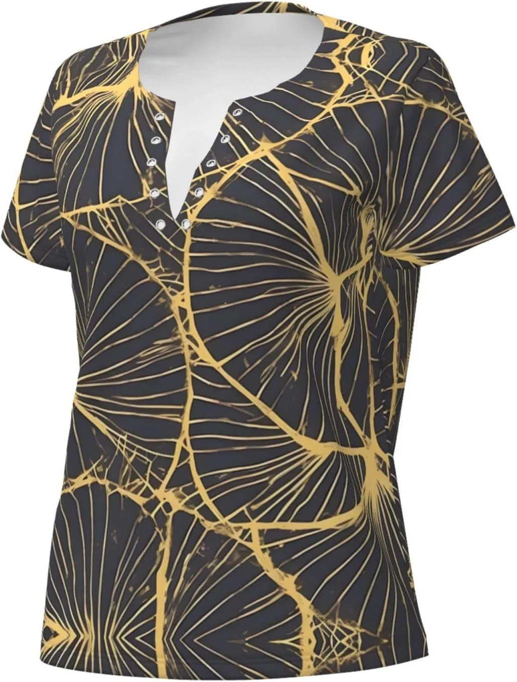Golden Leaf Pattern Sexy V-Neck Printed Short T-Shirt, Travel Portable Fitness Clothes, Home and Outdoor wear