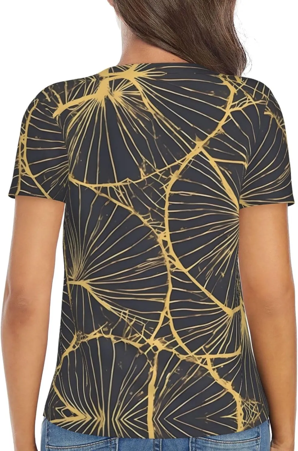 Golden Leaf Pattern Sexy V-Neck Printed Short T-Shirt, Travel Portable Fitness Clothes, Home and Outdoor wear