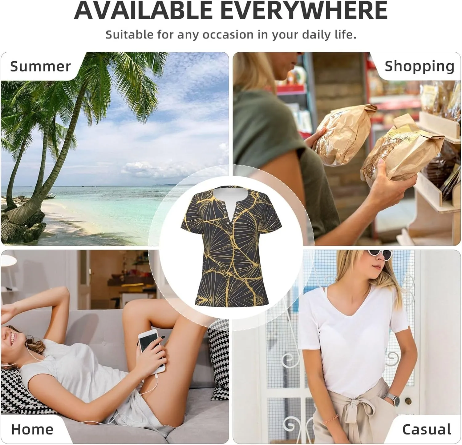 Golden Leaf Pattern Sexy V-Neck Printed Short T-Shirt, Travel Portable Fitness Clothes, Home and Outdoor wear
