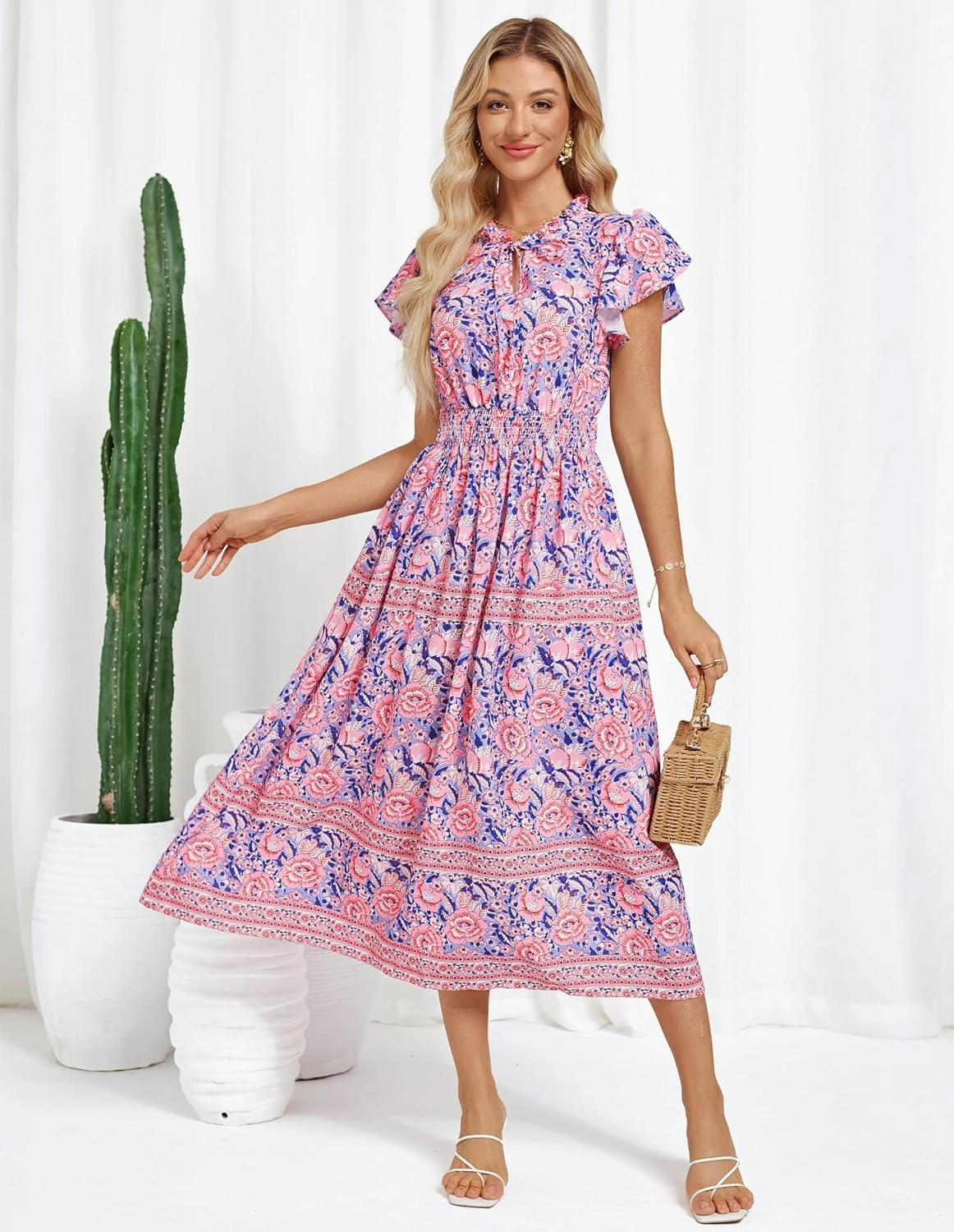 GRACE KARIN Women's Floral Boho Dress Hawaiian Dresse Short Sleeve V Neck Summer Beach Wedding Guest Swing Maxi Sundress