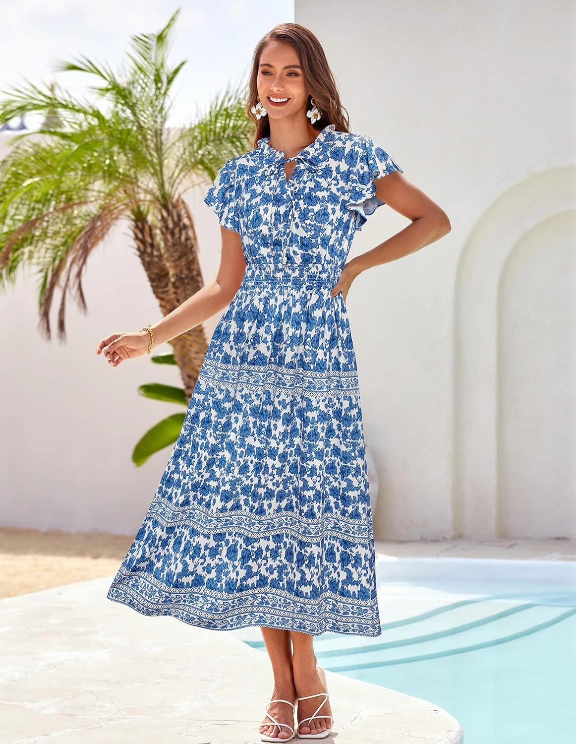 GRACE KARIN Women's Floral Boho Dress Hawaiian Dresse Short Sleeve V Neck Summer Beach Wedding Guest Swing Maxi Sundress