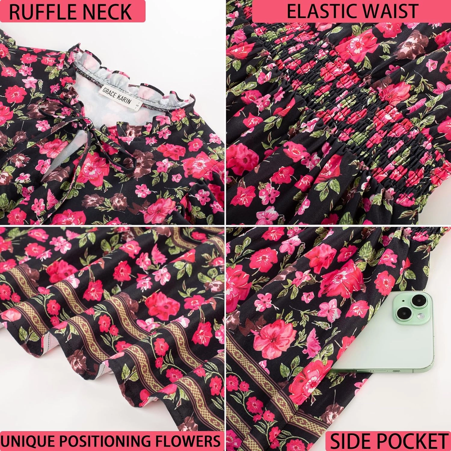 GRACE KARIN Women's Floral Boho Dress Hawaiian Dresse Short Sleeve V Neck Summer Beach Wedding Guest Swing Maxi Sundress