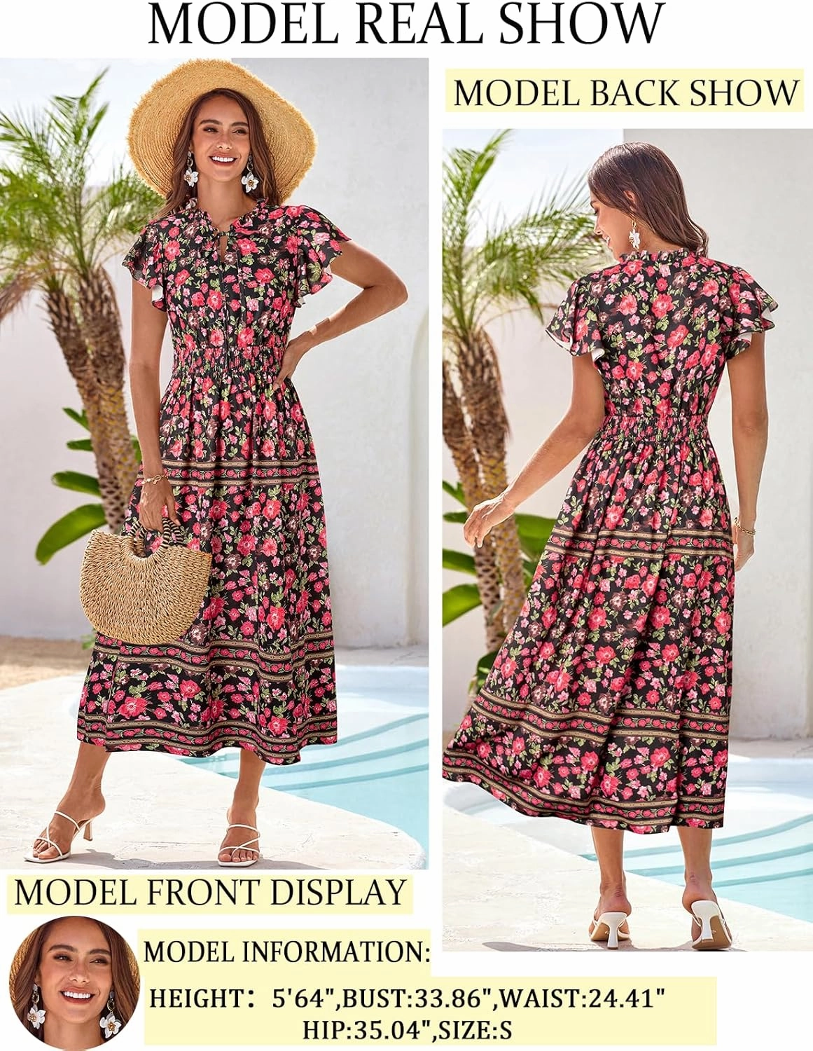 GRACE KARIN Women's Floral Boho Dress Hawaiian Dresse Short Sleeve V Neck Summer Beach Wedding Guest Swing Maxi Sundress