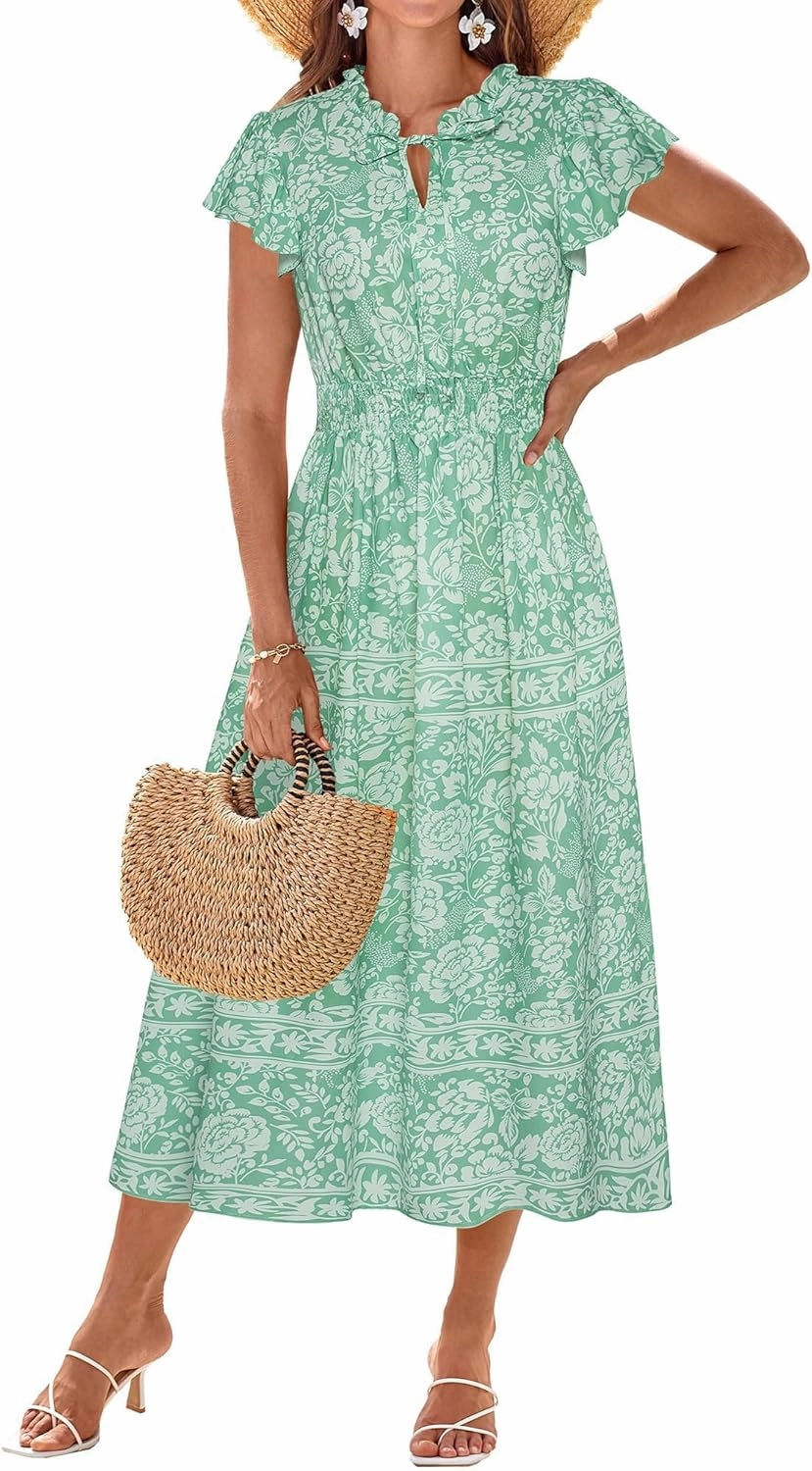GRACE KARIN Women's Floral Boho Dress Hawaiian Dresse Short Sleeve V Neck Summer Beach Wedding Guest Swing Maxi Sundress