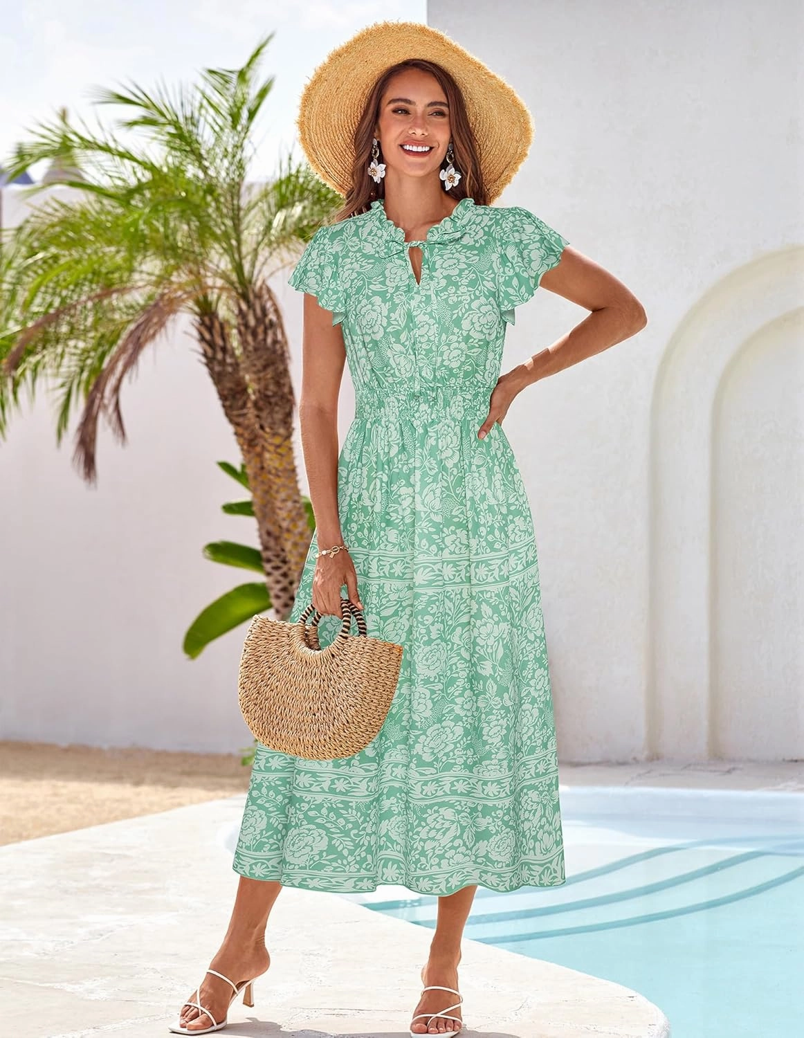 GRACE KARIN Women's Floral Boho Dress Hawaiian Dresse Short Sleeve V Neck Summer Beach Wedding Guest Swing Maxi Sundress