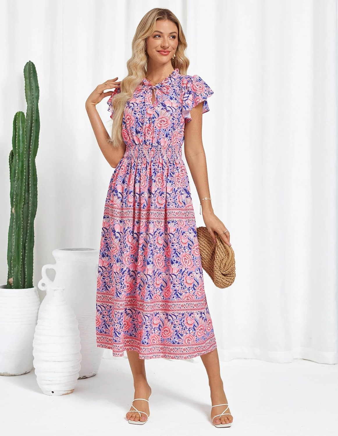 GRACE KARIN Women's Floral Boho Dress Hawaiian Dresse Short Sleeve V Neck Summer Beach Wedding Guest Swing Maxi Sundress