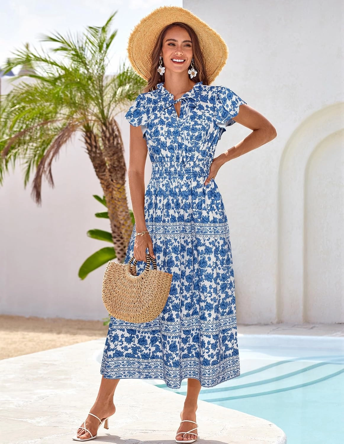 GRACE KARIN Women's Floral Boho Dress Hawaiian Dresse Short Sleeve V Neck Summer Beach Wedding Guest Swing Maxi Sundress