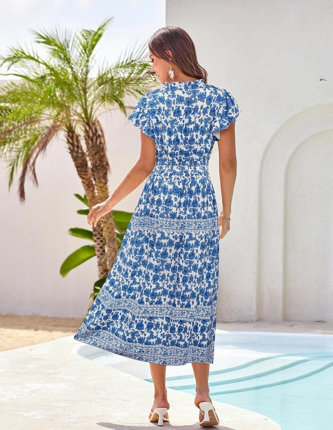 GRACE KARIN Women's Floral Boho Dress Hawaiian Dresse Short Sleeve V Neck Summer Beach Wedding Guest Swing Maxi Sundress