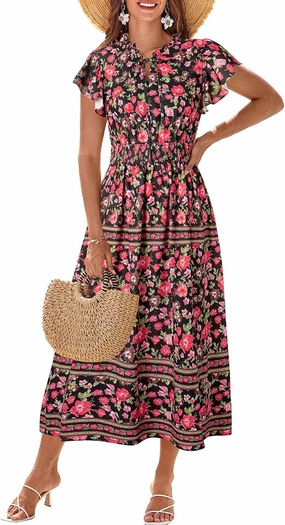 GRACE KARIN Women's Floral Boho Dress Hawaiian Dresse Short Sleeve V Neck Summer Beach Wedding Guest Swing Maxi Sundress