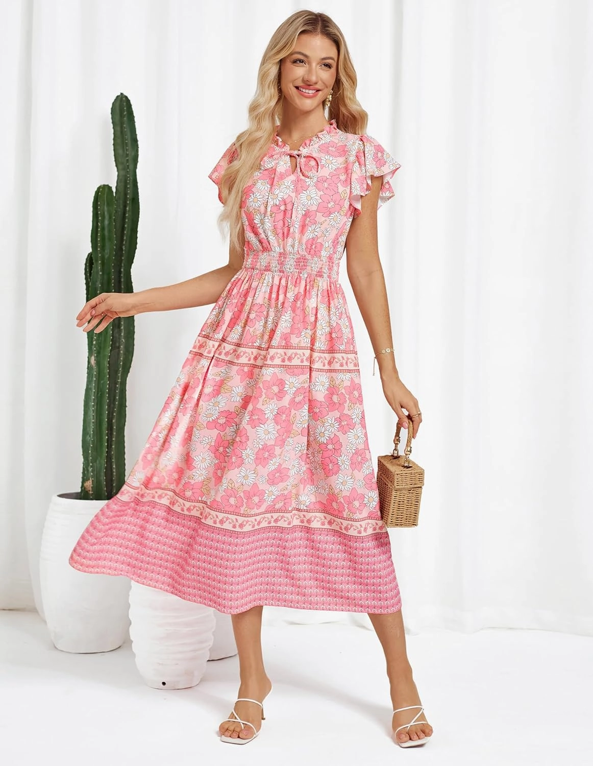 GRACE KARIN Women's Floral Boho Dress Hawaiian Dresse Short Sleeve V Neck Summer Beach Wedding Guest Swing Maxi Sundress