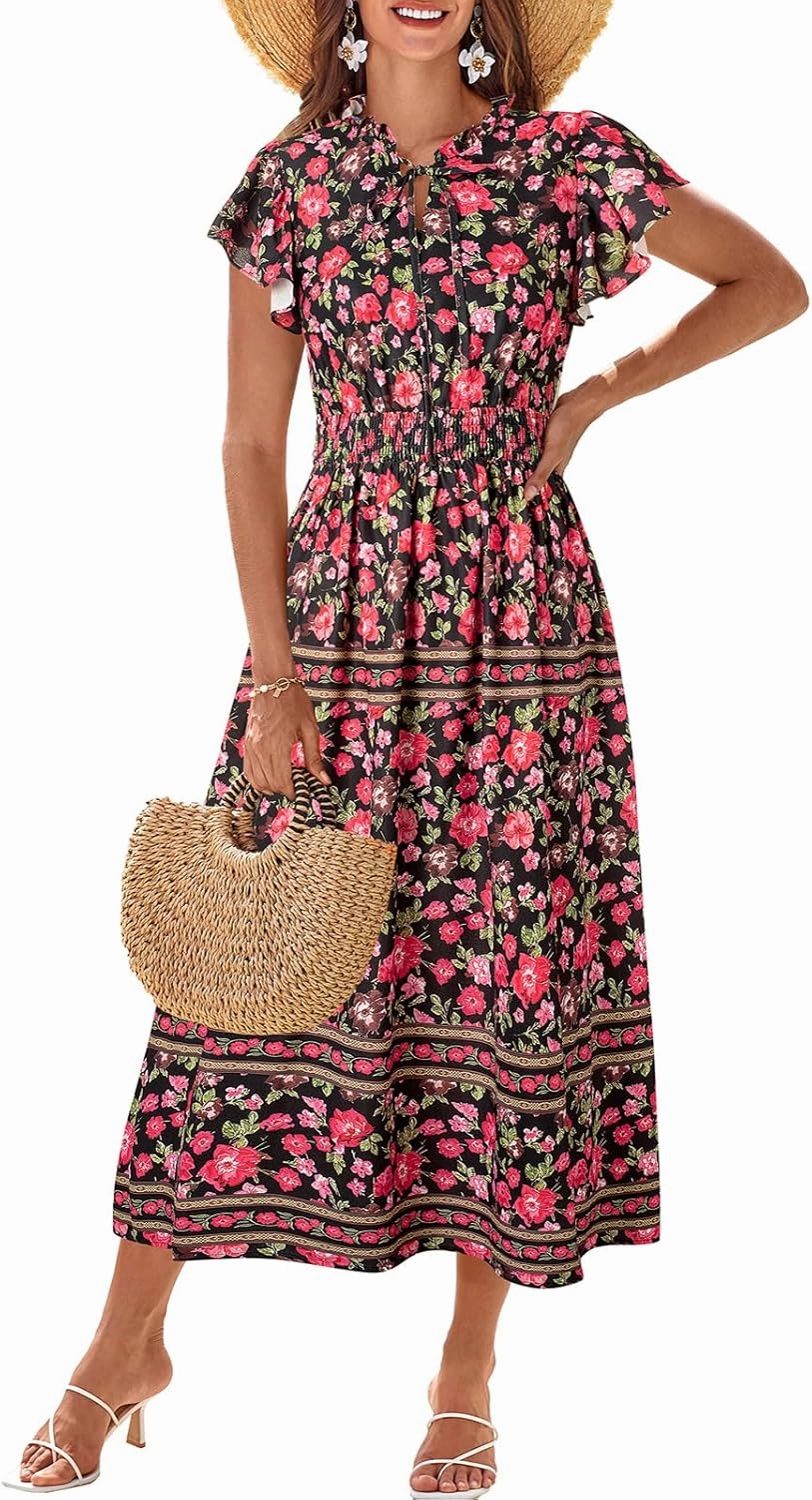 GRACE KARIN Women's Floral Boho Dress Hawaiian Dresse Short Sleeve V Neck Summer Beach Wedding Guest Swing Maxi Sundress