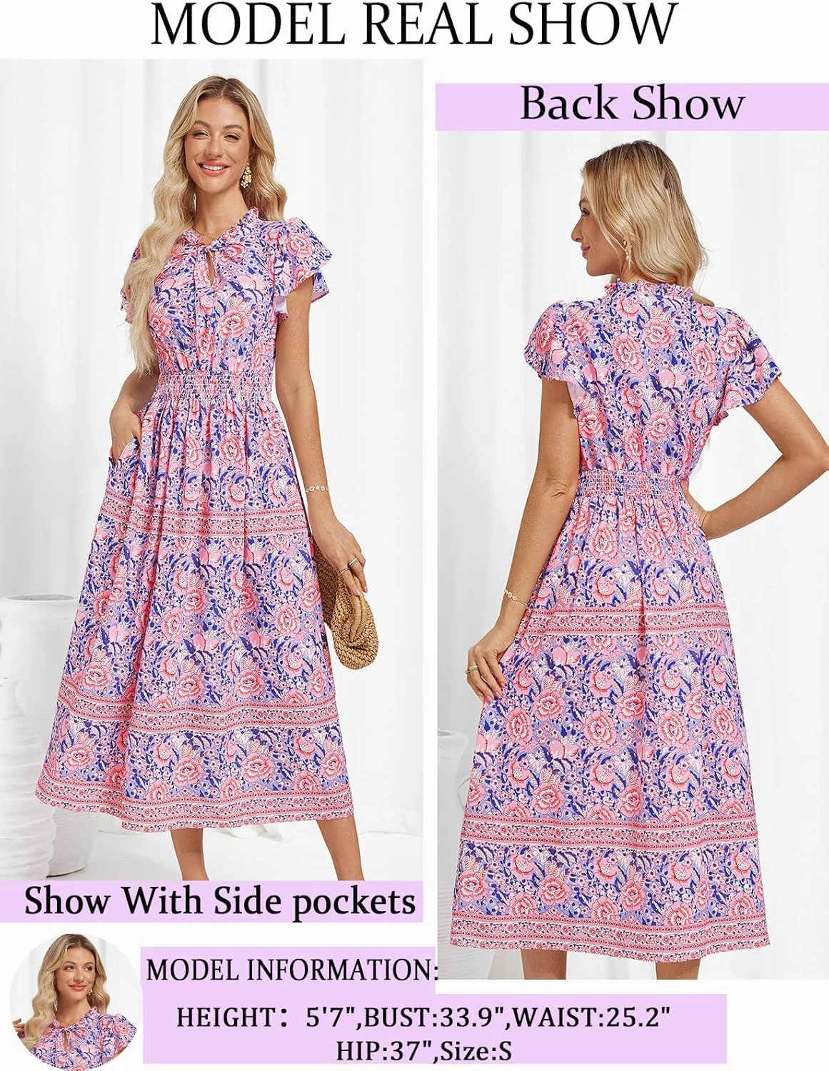 GRACE KARIN Women's Floral Boho Dress Hawaiian Dresse Short Sleeve V Neck Summer Beach Wedding Guest Swing Maxi Sundress