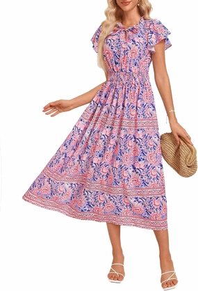 GRACE KARIN Women's Floral Boho Dress Hawaiian Dresse Short Sleeve V Neck Summer Beach Wedding Guest Swing Maxi Sundress