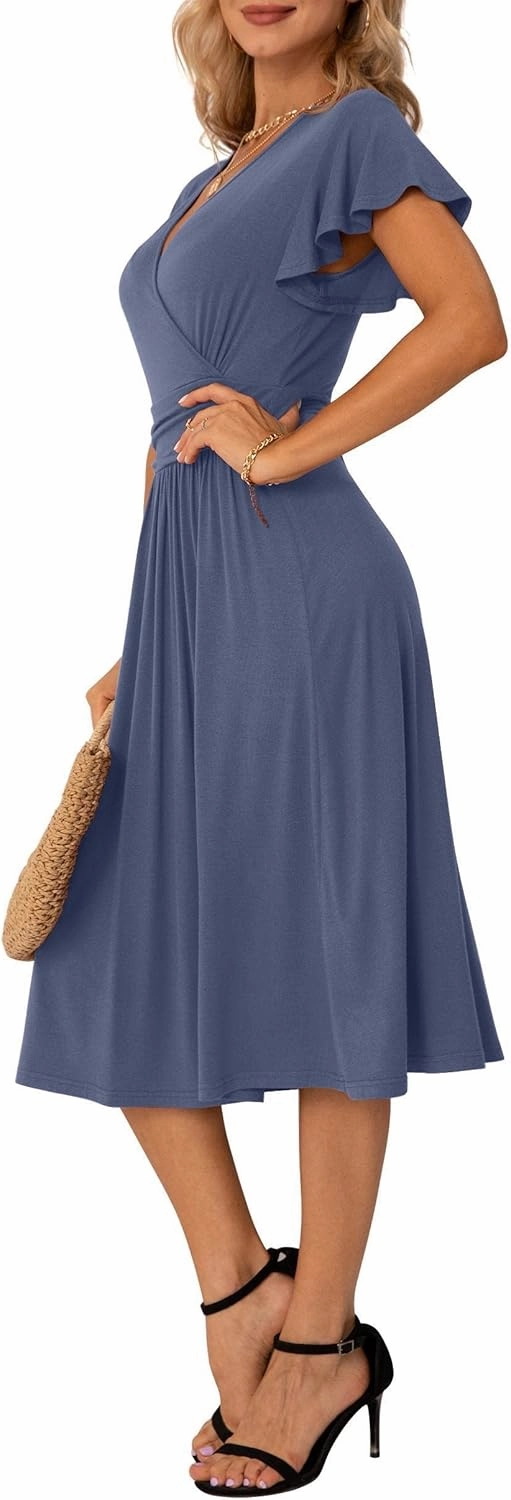GRECERELLE Spring Summer Dress for Women Casual Ruffle Short Sleeve Wrap V-Neck Dress