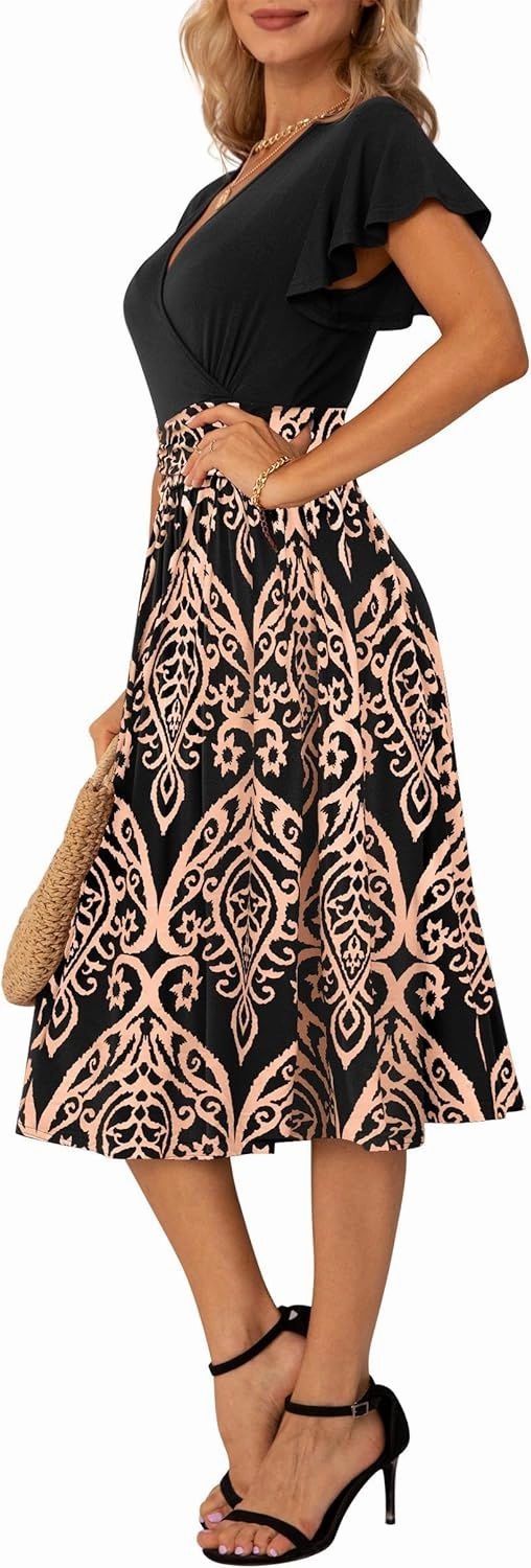 GRECERELLE Spring Summer Dress for Women Casual Ruffle Short Sleeve Wrap V-Neck Dress