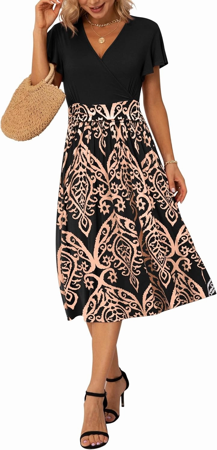GRECERELLE Spring Summer Dress for Women Casual Ruffle Short Sleeve Wrap V-Neck Dress