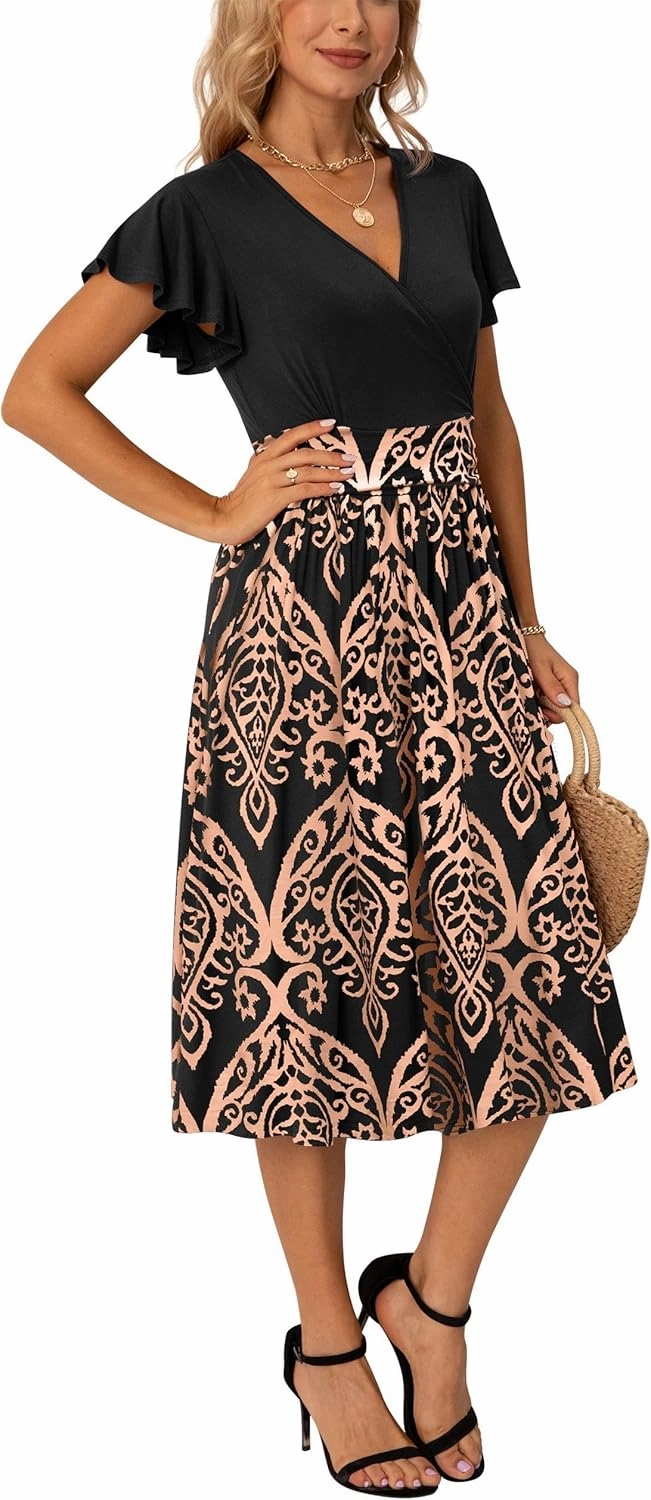 GRECERELLE Spring Summer Dress for Women Casual Ruffle Short Sleeve Wrap V-Neck Dress