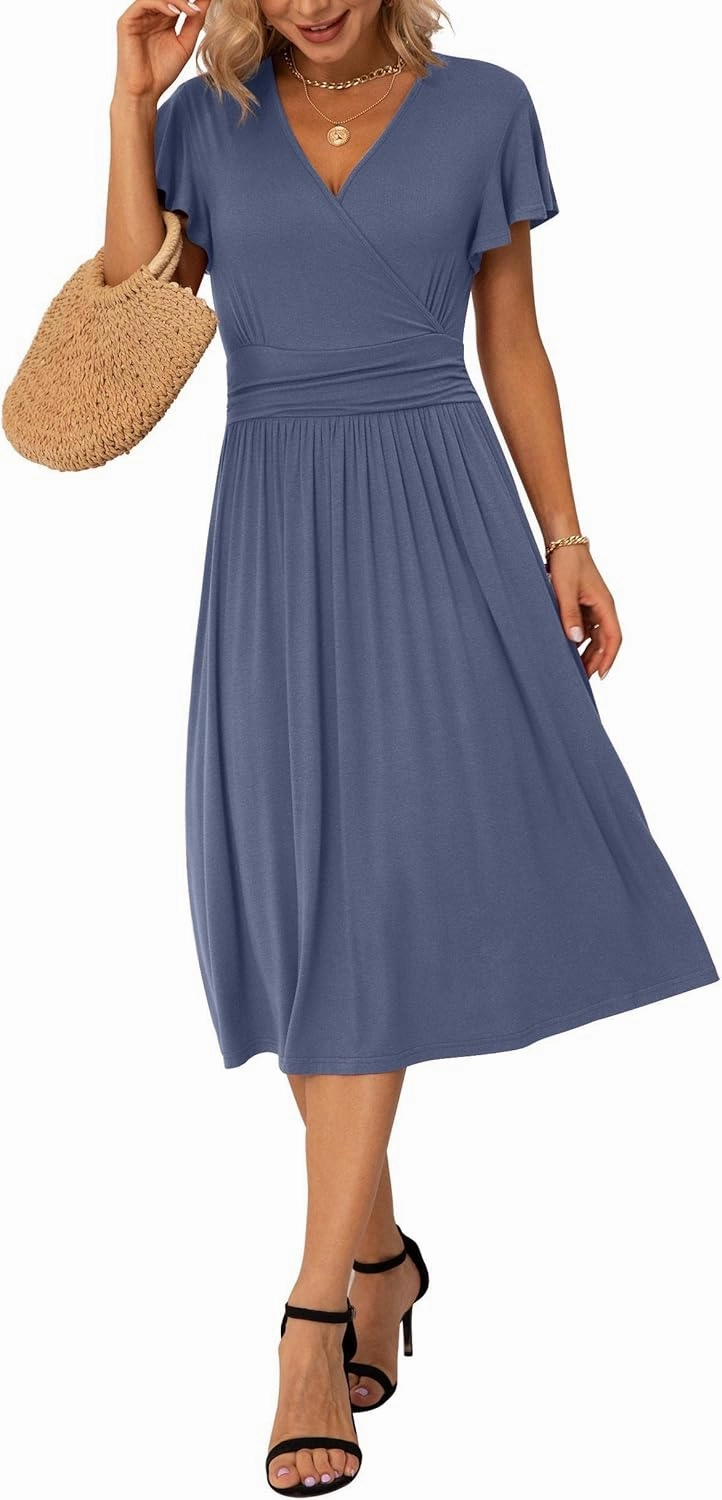 GRECERELLE Spring Summer Dress for Women Casual Ruffle Short Sleeve Wrap V-Neck Dress