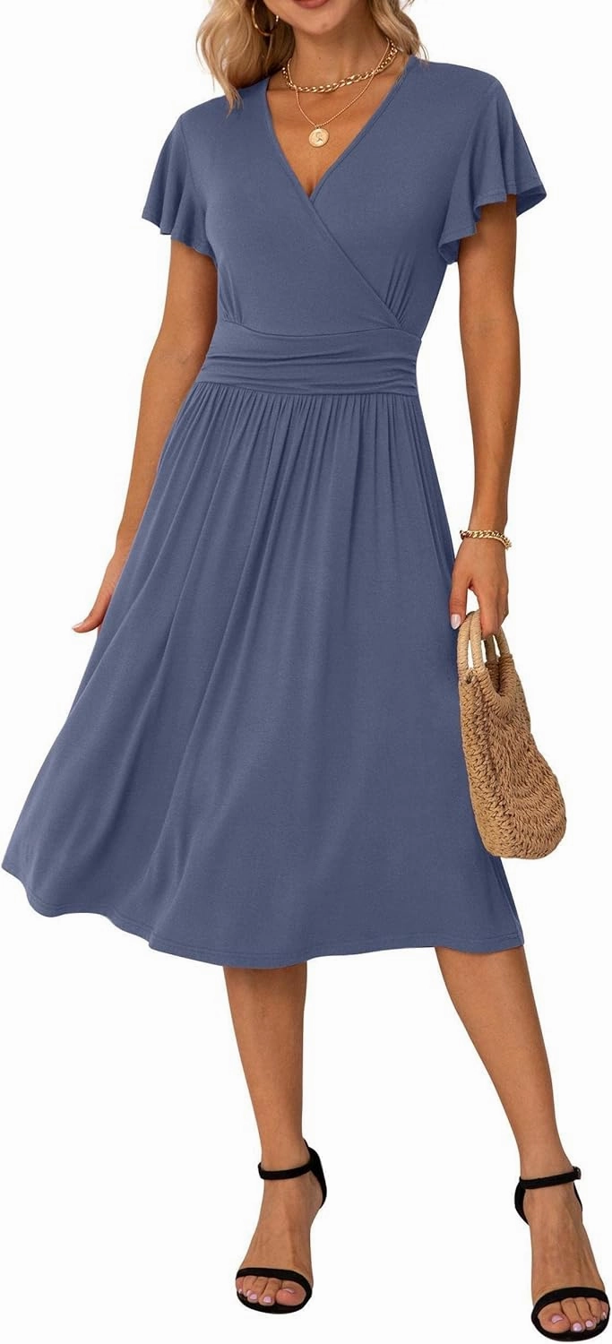 GRECERELLE Spring Summer Dress for Women Casual Ruffle Short Sleeve Wrap V-Neck Dress