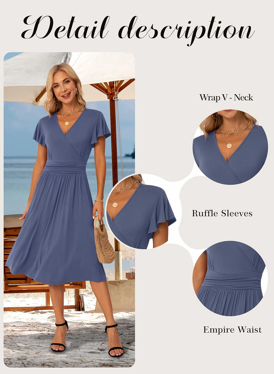GRECERELLE Spring Summer Dress for Women Casual Ruffle Short Sleeve Wrap V-Neck Dress
