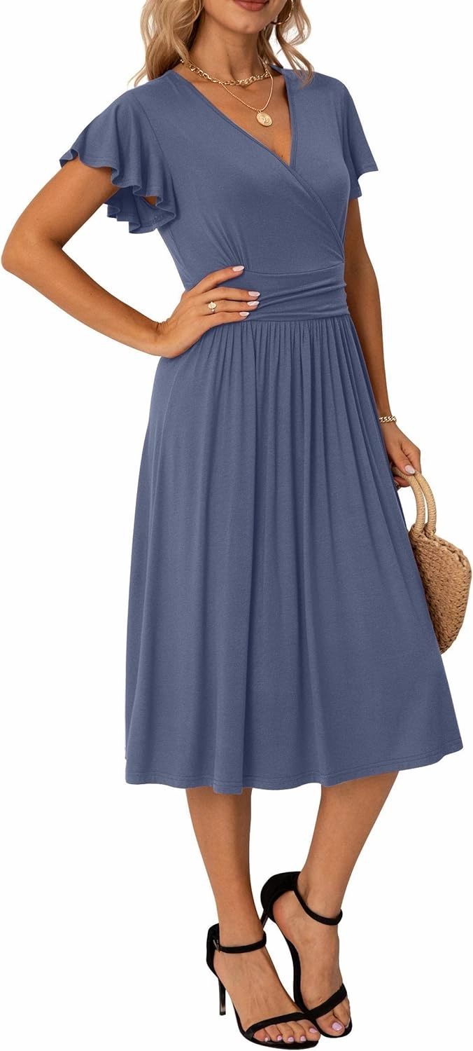 GRECERELLE Spring Summer Dress for Women Casual Ruffle Short Sleeve Wrap V-Neck Dress