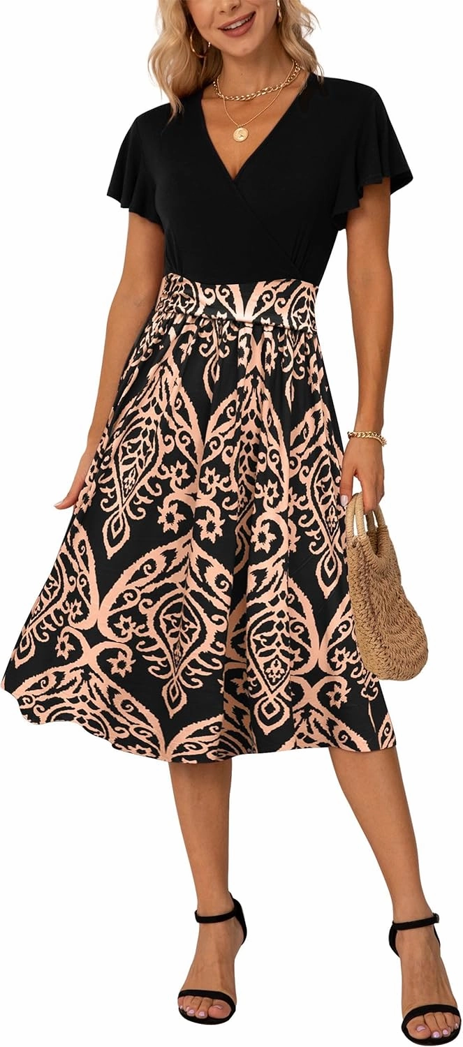 GRECERELLE Spring Summer Dress for Women Casual Ruffle Short Sleeve Wrap V-Neck Dress