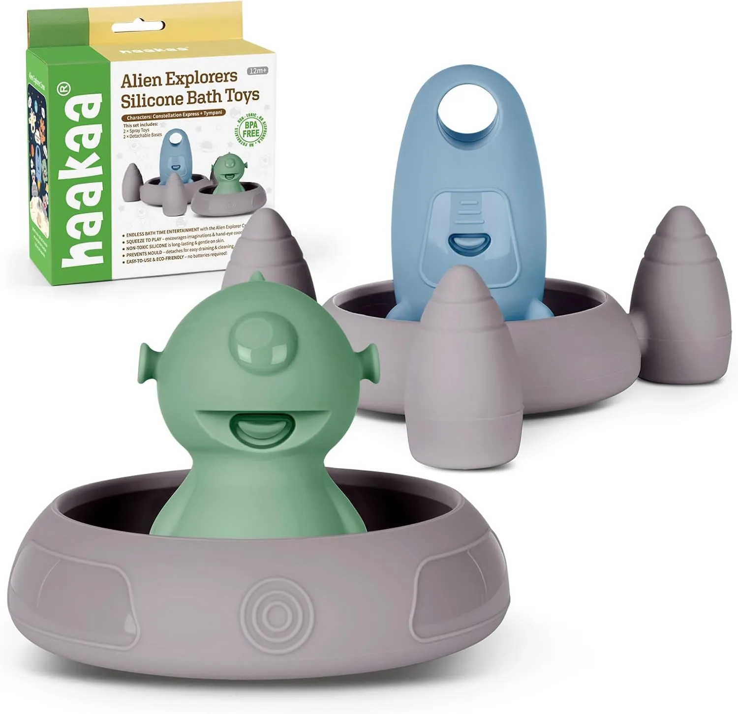 Haakaa Squeeze Alien Explorers Baby Bath Toys, Food Grade Silicone Toddler Bath Toys for Bathtubs/Swimming Pools/Beaches, Detachable Mold Free Floating Tub Toys for Kids Ages 1-3 (Tympani Rocket)
