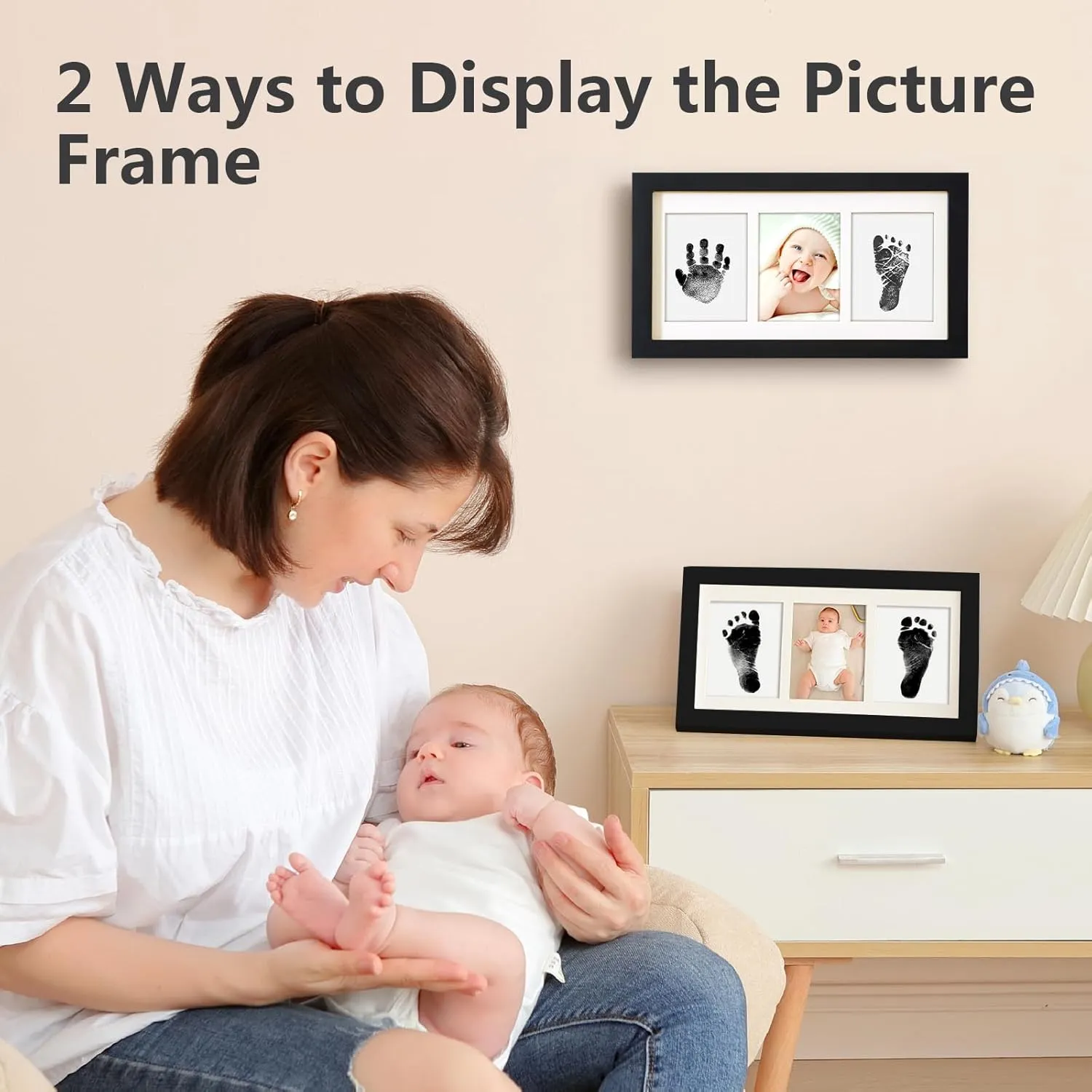 Hand and Footprint Kit,Inkless Handprint Kit with 2 Safe Clean-Touch Ink Pads and a Wooden Baby Picture Frame Gifts for New Parents, Shower Gift-Black