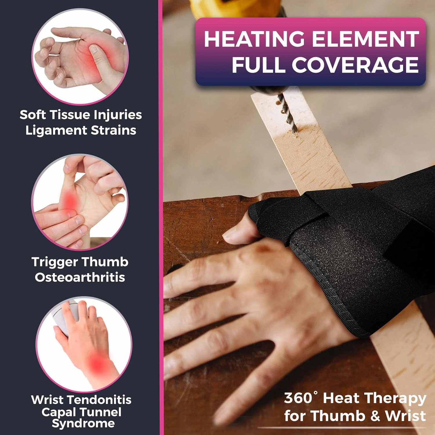 Hand Heating Pad for CMC Joint Thumb Arthritis, Heated Wrap Brace Splint Provides Support and Compression for Right Left Hand. Helps Men Women with Carpal Tunnel Relief, Wrist Pain, Tendonitis