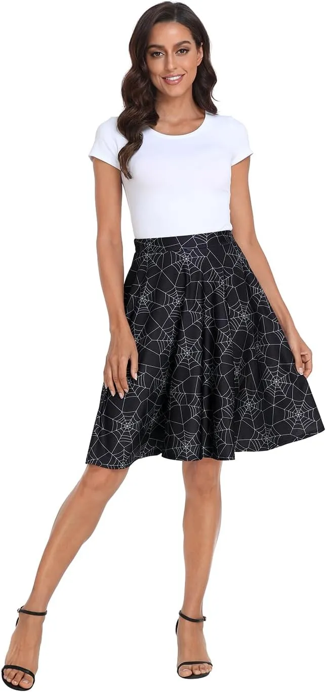 HDE Skirts for Women - Midi Skirt Skater Skirt Knee Length High Waist Fun Prints