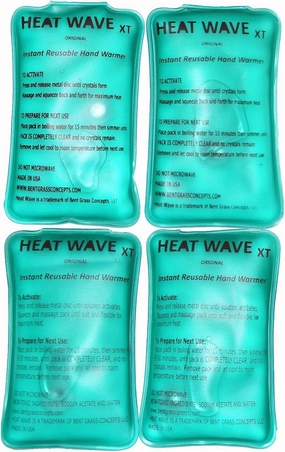 HEAT WAVE Instant Reusable Hand Warmer Heat Pack 4-Pack, Large Instant Reusable, Medical Grade, for Camping, Hiking, Pain Relief. Click Heat - 3"x6" Rechargeable Pack of 4 Made in USA