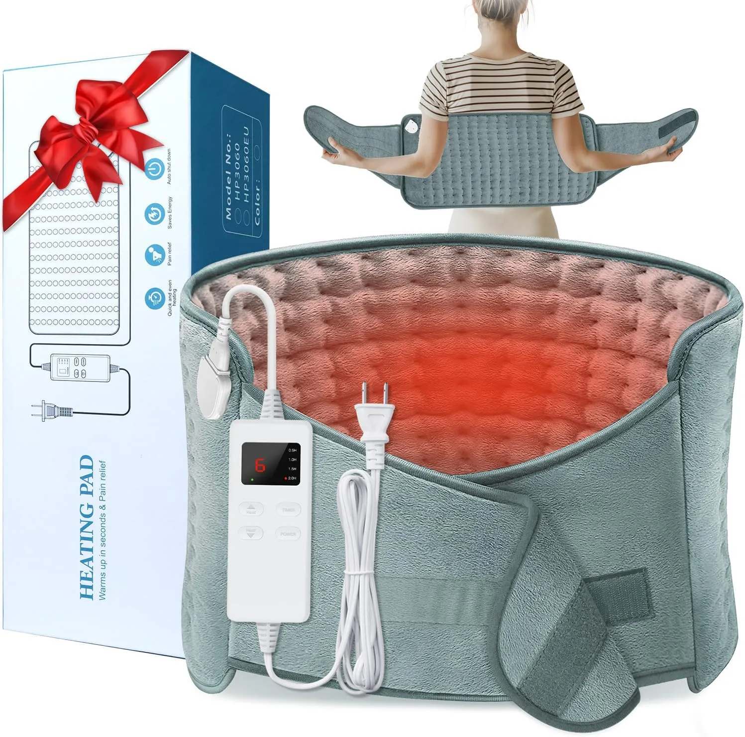 Heating Pad for Back Pain Relief, Electric Heating Pad for Period Cramps Neck Shoulders with Belt, 4 Timer 6 Heat Setting & Auto Shut Off, 12"x24" 20" Large Moist Heat Pad for Mom,Dad