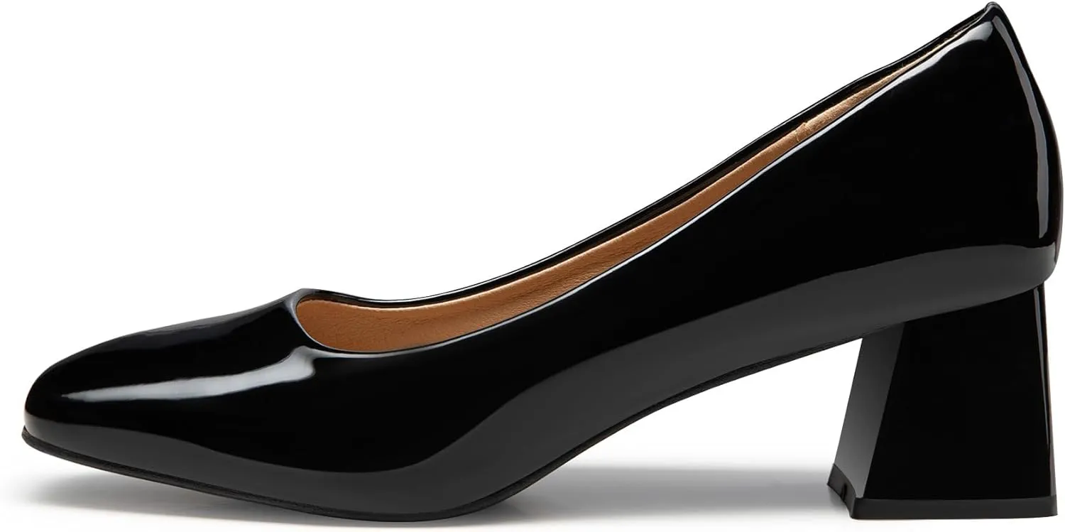 Heel The World Women's Pumps,Low Chunky Block Heels,Square Toe Patent Women Dress Shoes for Party Office