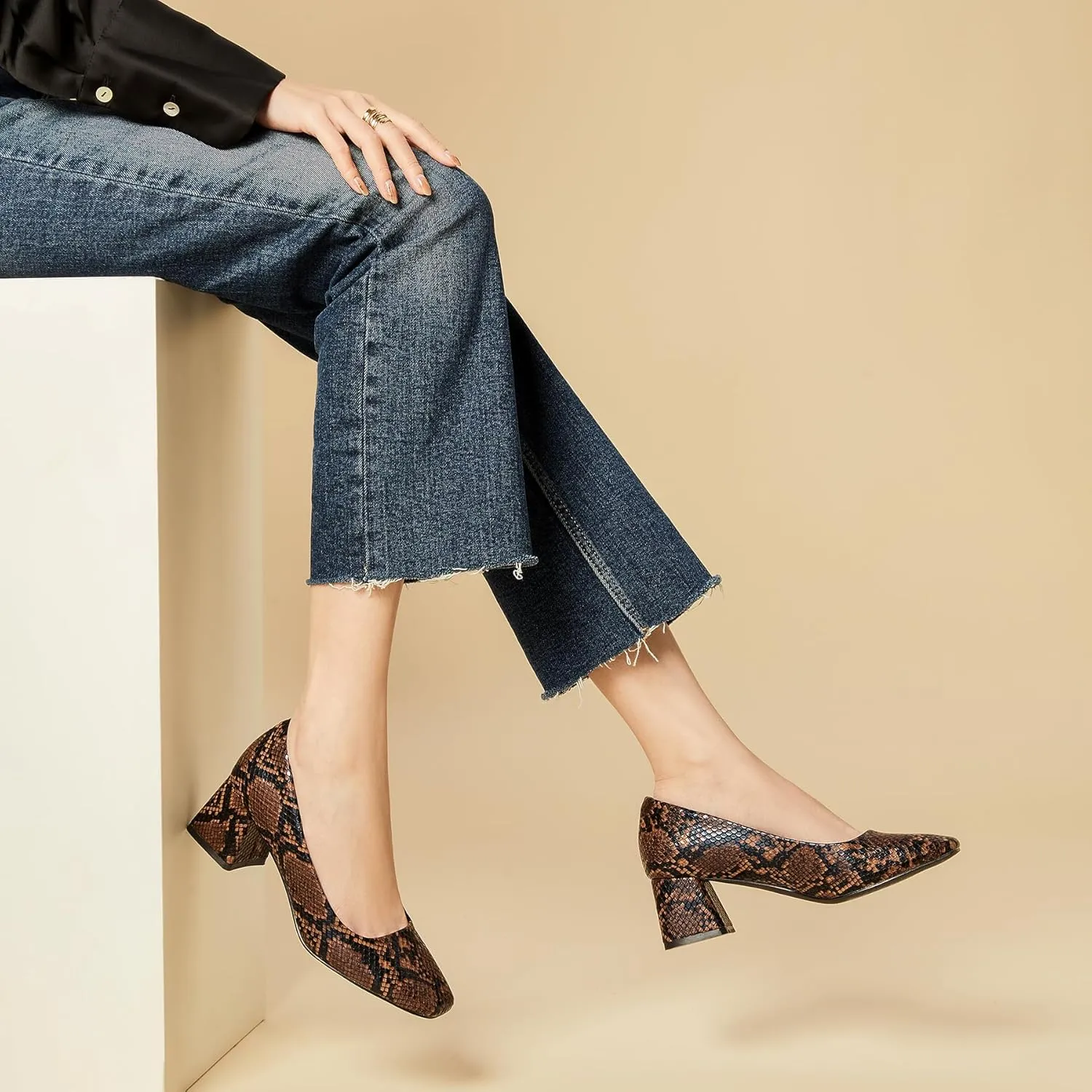 Heel The World Women's Pumps,Low Chunky Block Heels,Square Toe Patent Women Dress Shoes for Party Office