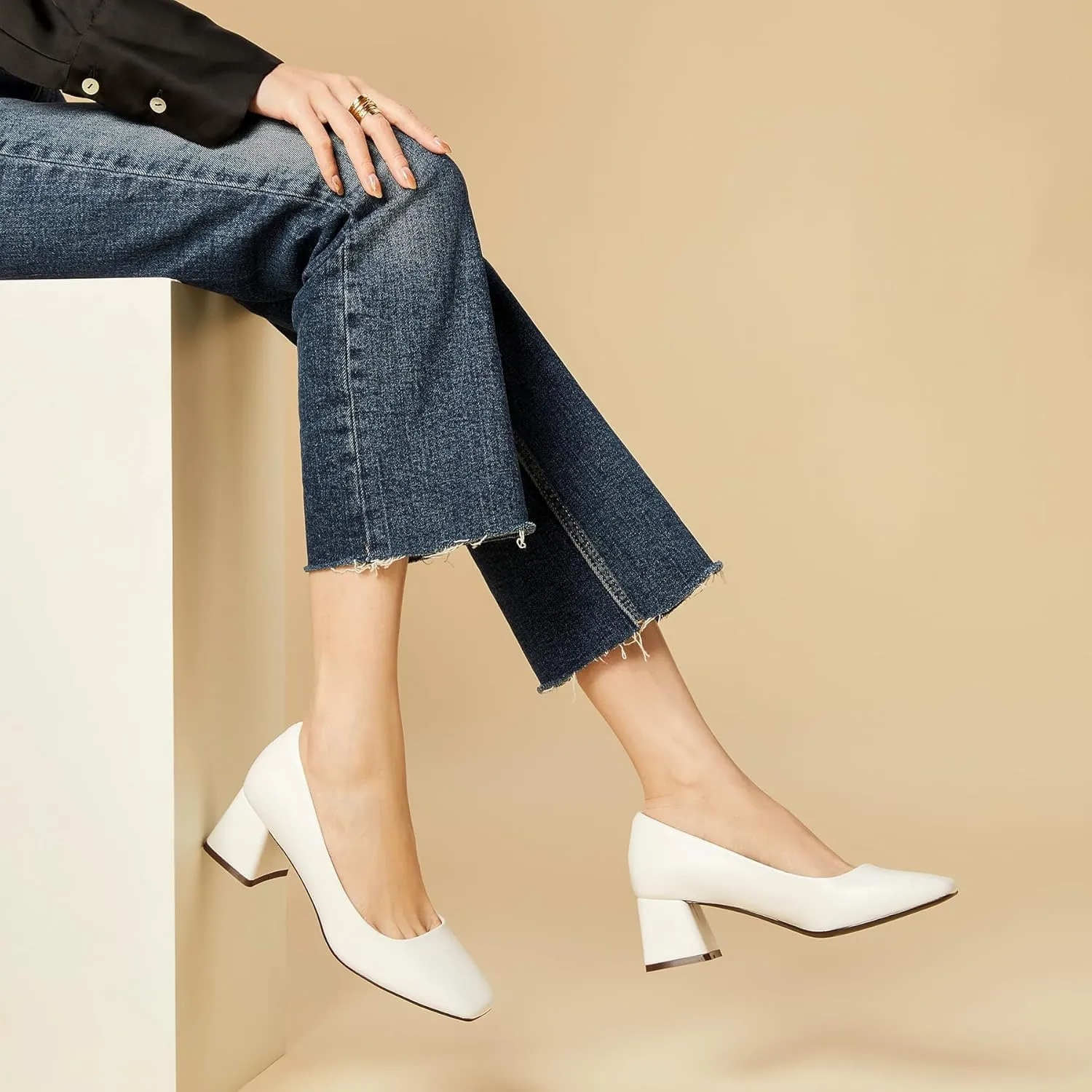 Heel The World Women's Pumps,Low Chunky Block Heels,Square Toe Patent Women Dress Shoes for Party Office