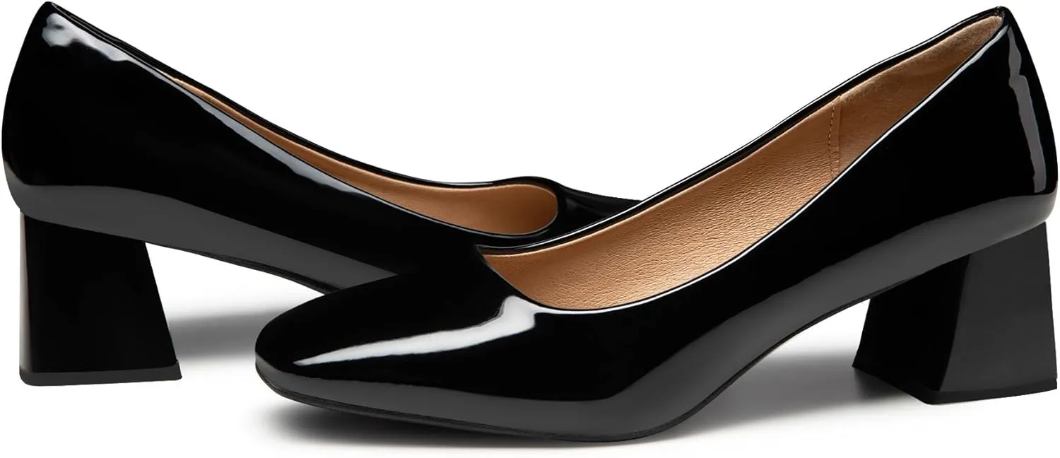 Heel The World Women's Pumps,Low Chunky Block Heels,Square Toe Patent Women Dress Shoes for Party Office