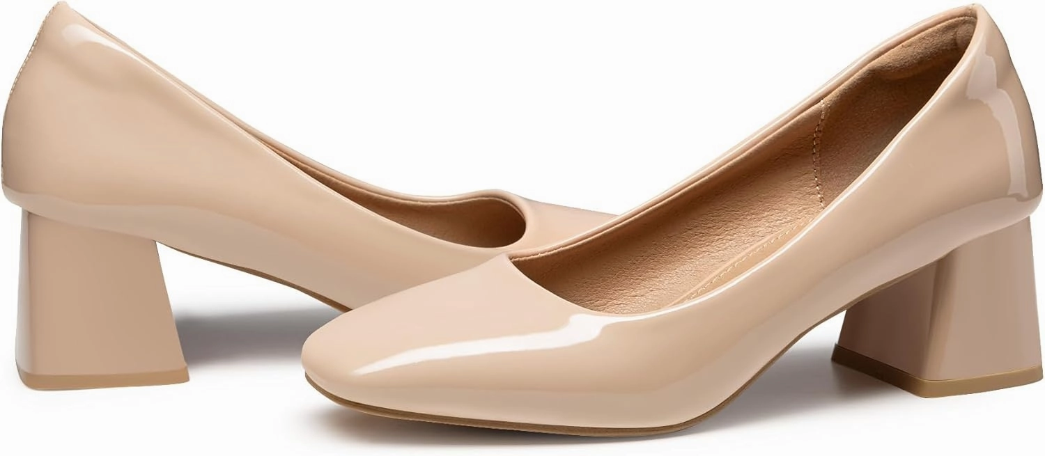 Heel The World Women's Pumps,Low Chunky Block Heels,Square Toe Patent Women Dress Shoes for Party Office