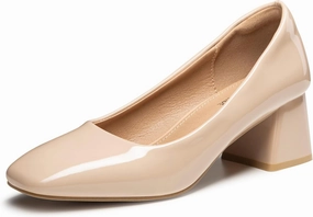 Heel The World Women's Pumps,Low Chunky Block Heels,Square Toe Patent Women Dress Shoes for Party Office
